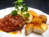 ホタテ貝柱フライとハンバーグのコンボ